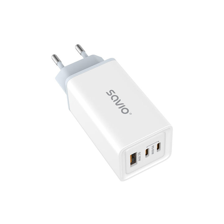 Cargador de red Savio, 1x USB-A, 2x USB-C, GaN, 65W, blanco, SAVLA-07