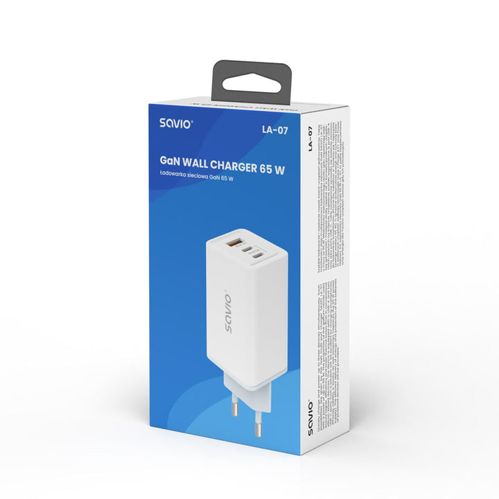 Cargador de red Savio, 1x USB-A, 2x USB-C, GaN, 65W, blanco, SAVLA-07