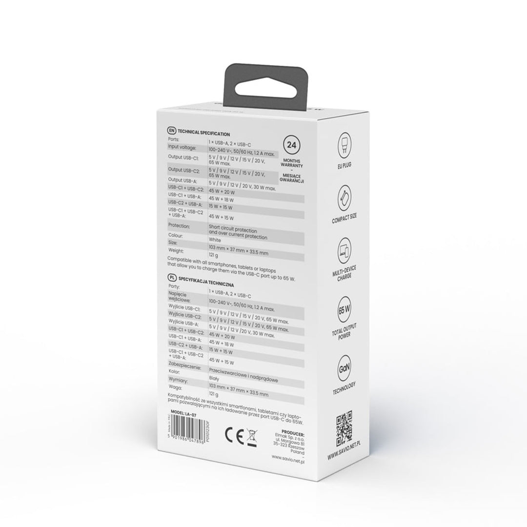 Cargador de red Savio, 1x USB-A, 2x USB-C, GaN, 65W, blanco, SAVLA-07