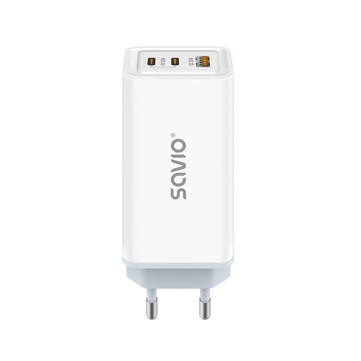 Cargador de red Savio, 1x USB-A, 2x USB-C, GaN, 65W, blanco, SAVLA-07