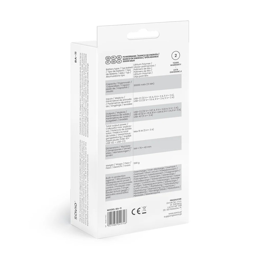 Powerbank SAVIO, 2 puertos USB, 1 puerto USB-C, carga rápida, Power Delivery, SAVBA-11
