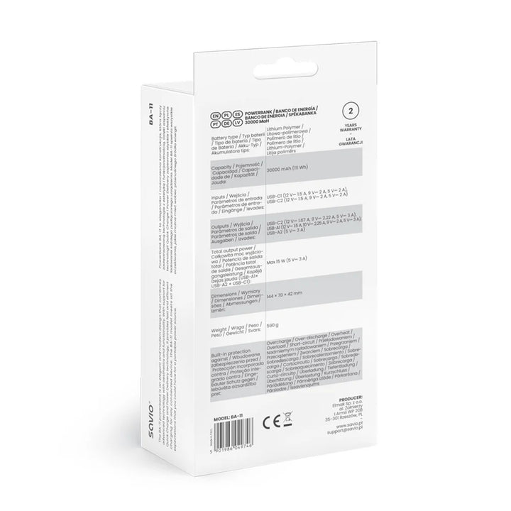 Powerbank SAVIO, 2 puertos USB, 1 puerto USB-C, carga rápida, Power Delivery, SAVBA-11