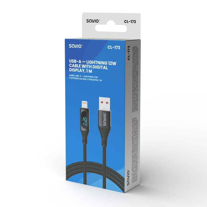 Cable Savio de USB a Lightning, pantalla digital, longitud 1m, SAVKABELCL-173