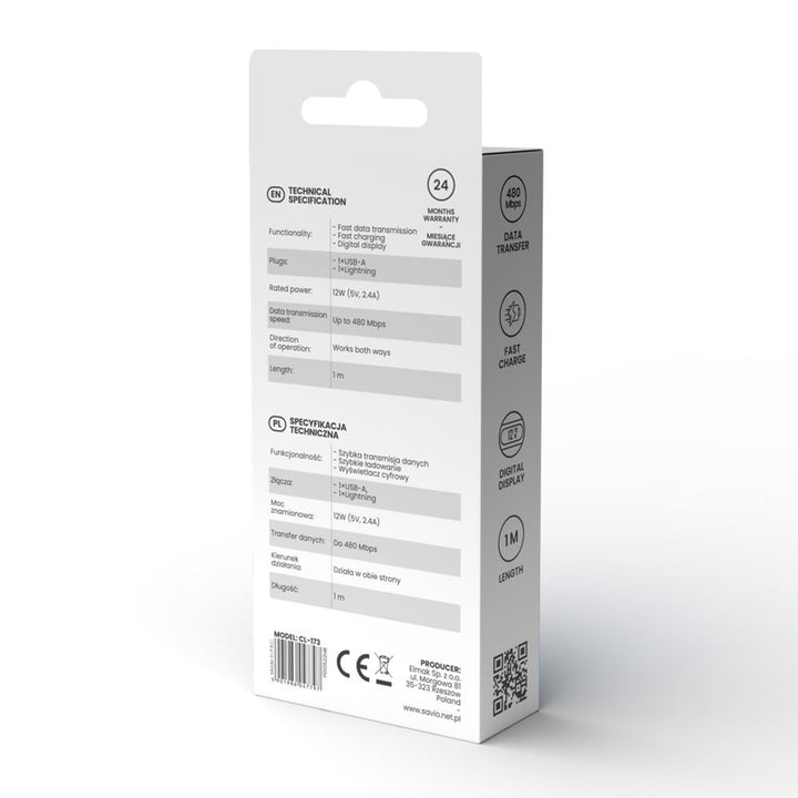 Cable Savio de USB a Lightning, pantalla digital, longitud 1m, SAVKABELCL-173