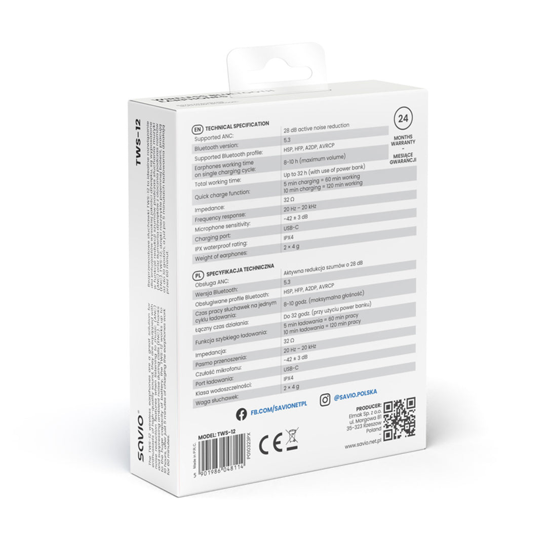 Auriculares inalámbricos Savio, Bluetooth 5.3, ANC, USB-C, negro