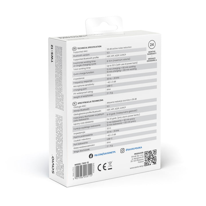 Auriculares inalámbricos Savio, Bluetooth 5.3, ANC, USB-C, negro