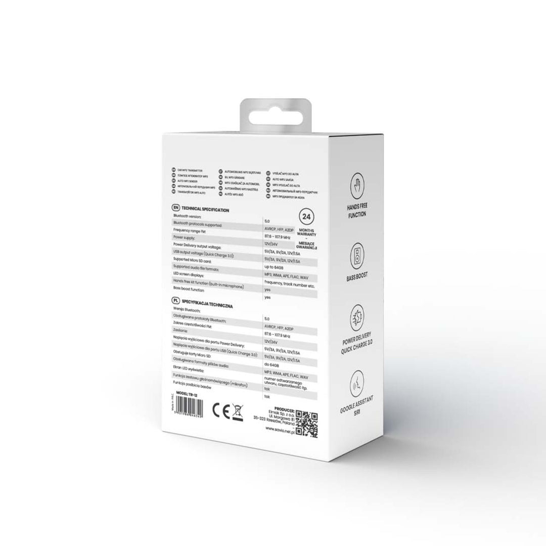 Transmisor para coche Savio MP3, Bluetooth 5.0, función de carga, negro, SAVFMTRANSTR-12