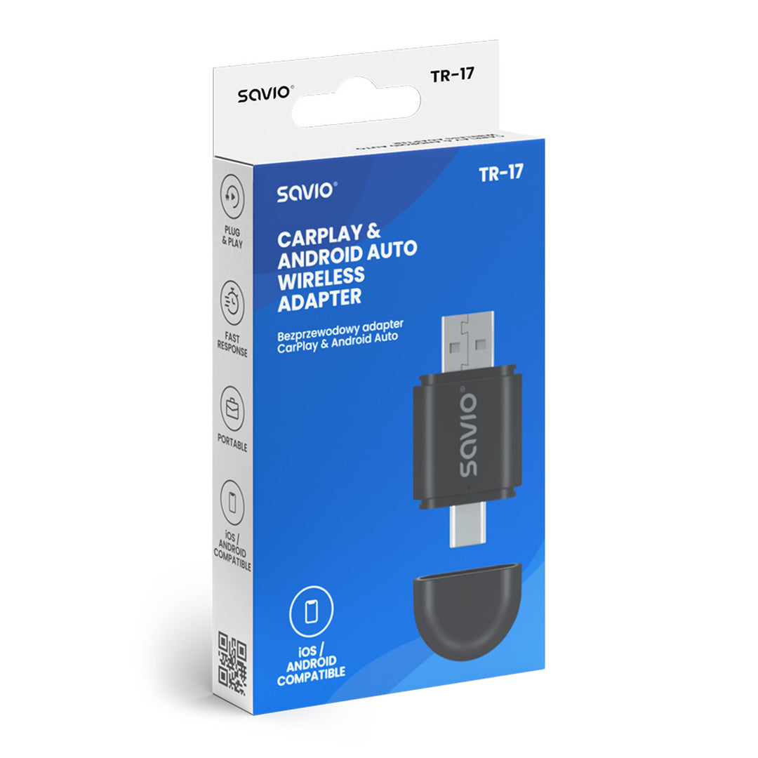 Adaptador de corriente Savio, CarPlay, Android Auto, Bluetooth, Wi-Fi, SAVTR-17