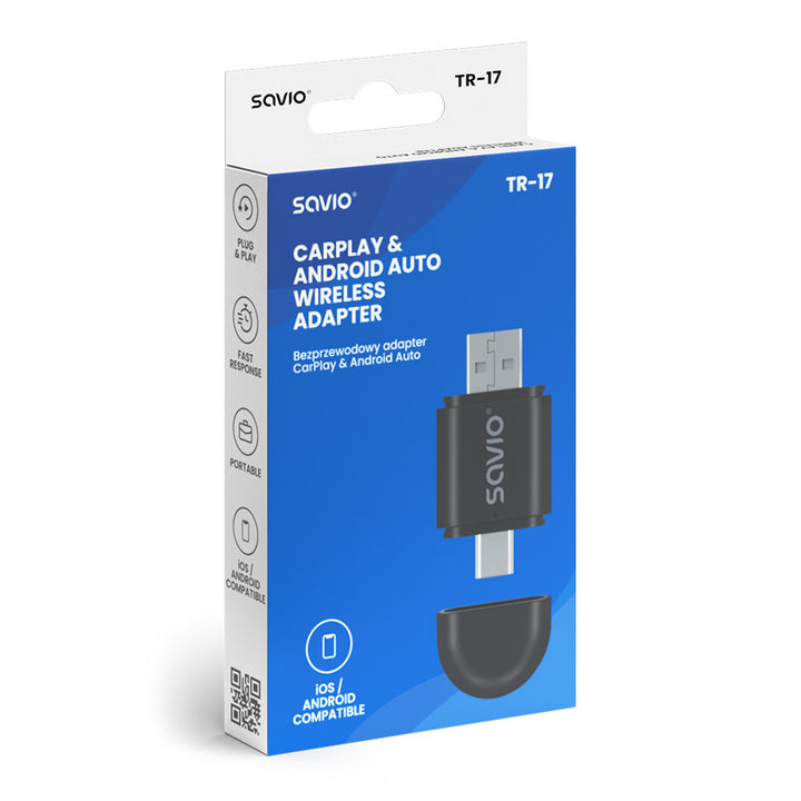 Adaptador de corriente Savio, CarPlay, Android Auto, Bluetooth, Wi-Fi, SAVTR-17