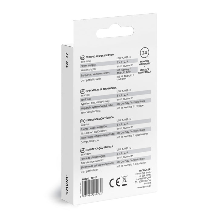 Adaptador de corriente Savio, CarPlay, Android Auto, Bluetooth, Wi-Fi, SAVTR-17