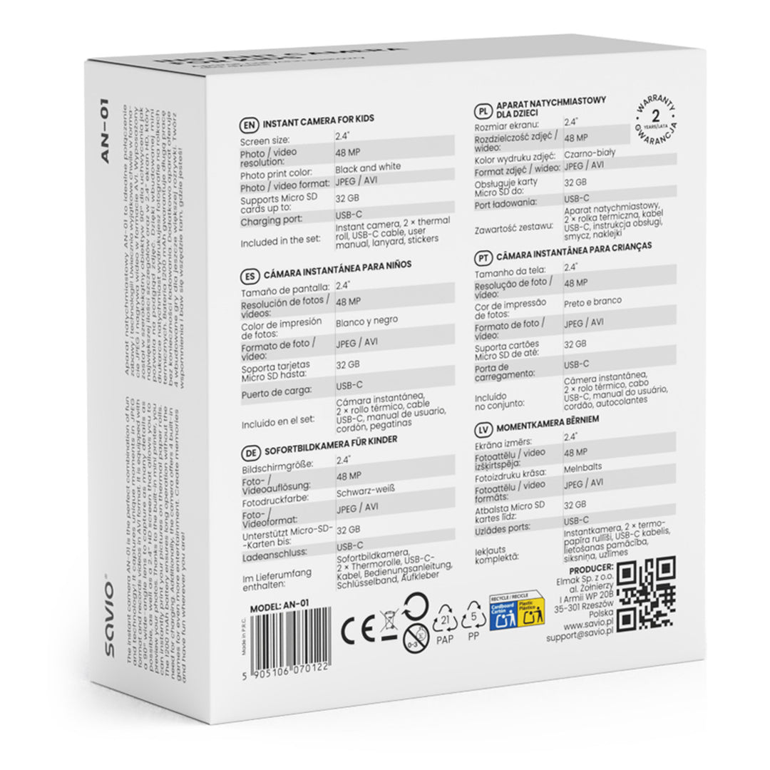 Cámara instantánea para niños Savio, 48MP de resolución, pantalla de 2,4'', 2 rollos térmicos, SAVAN-01