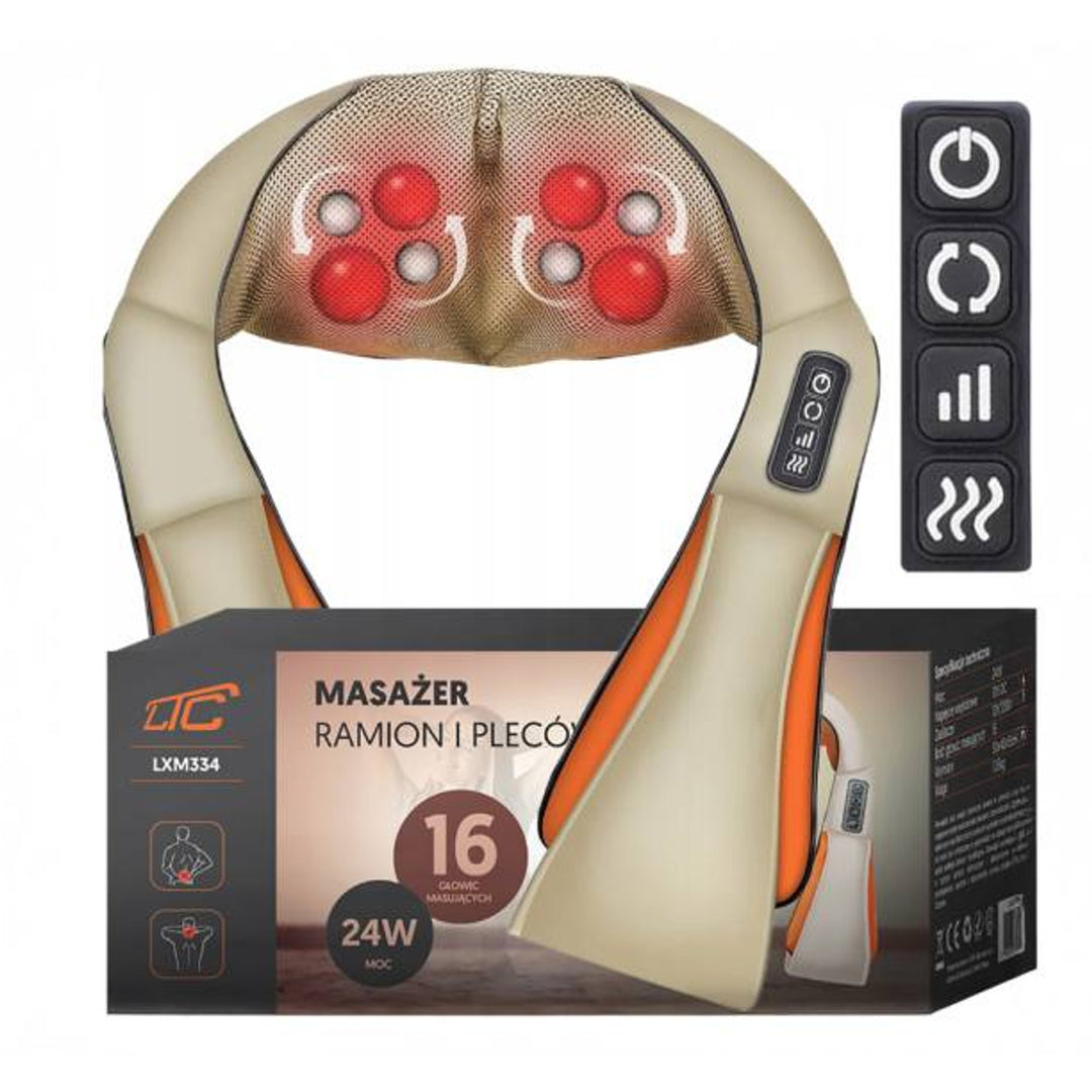 Masajeador de hombros LTC Shiatsu 6D, 3 velocidades, 5V, 24W, Función de calentamiento, Retroiluminación LED, Correas antideslizantes