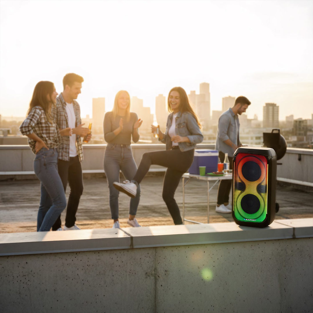 Blaupunkt Party Box Altavoz, iluminación LED, Bluetooth, USB y AUX, radio FM, función karaoke, mando a distancia, autonomía de la batería hasta 18h, PB60X