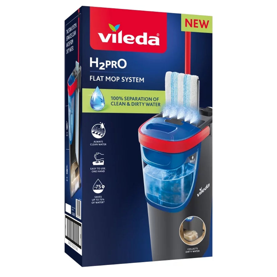 Vileda H2prO fregona plana, 100% separación agua limpia/agua sucia, dos depósitos, almohadilla de microfibra, 360° punta, 175774