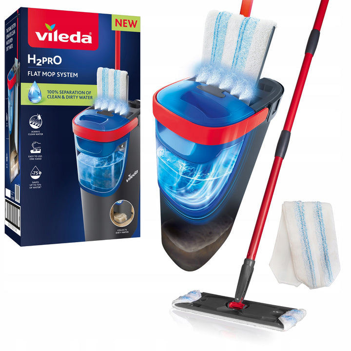 Vileda H2prO fregona plana, 100% separación agua limpia/agua sucia, dos depósitos, almohadilla de microfibra, 360° punta, 175774