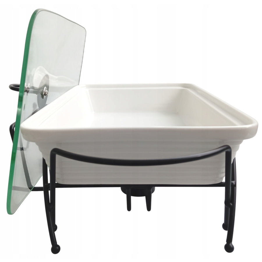 Calientaplatos de cerámica Maestro, rectangular, blanco, capacidad 1,7L, puede usarse en el horno, rejilla y tapa con asa incluidas, MR-11362-73