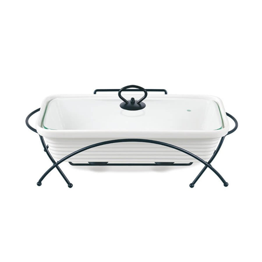 Calientaplatos de cerámica Maestro, rectangular, blanco, capacidad 1,7L, puede usarse en el horno, rejilla y tapa con asa incluidas, MR-11362-73