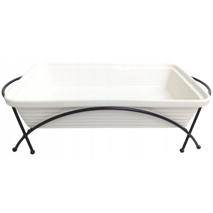 Calientaplatos de cerámica Maestro, rectangular, blanco, capacidad 2,4L, puede utilizarse en el horno, rejilla y tapa con asa incluidas, MR-11562-73