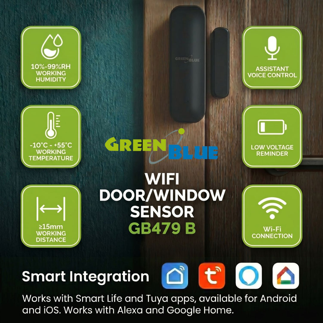Contactor inalámbrico / sensor de apertura WiFi GreenBlue, Android/iOS, para puertas / ventanas, 3,0 V CC, LR03x2, GB479 B