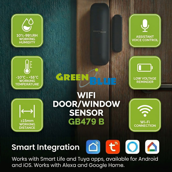 Contactor inalámbrico / sensor de apertura WiFi GreenBlue, Android/iOS, para puertas / ventanas, 3,0 V CC, LR03x2, GB479 B