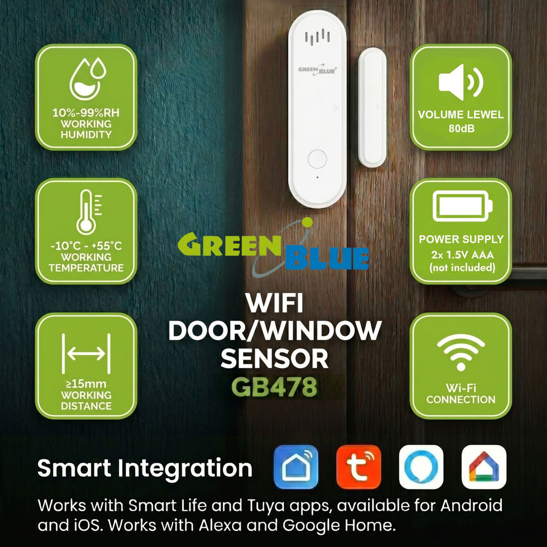 Contactor inalámbrico / sensor de apertura WiFi GreenBlue, Android/iOS, para puertas y ventanas, 3,0 V CC, LR03x2, con alarma, GB478