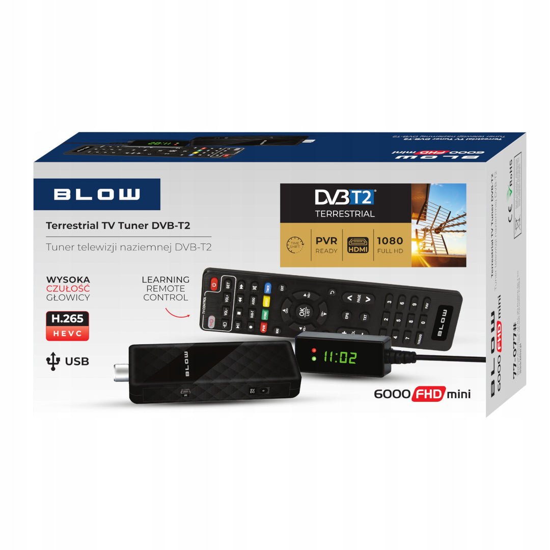 Sintonizador DVB-T/T2 Blow, H.265, 6000FHD, función Timeshift, varios idiomas, función de reproductor multimedia, puerto USB, 77-077#