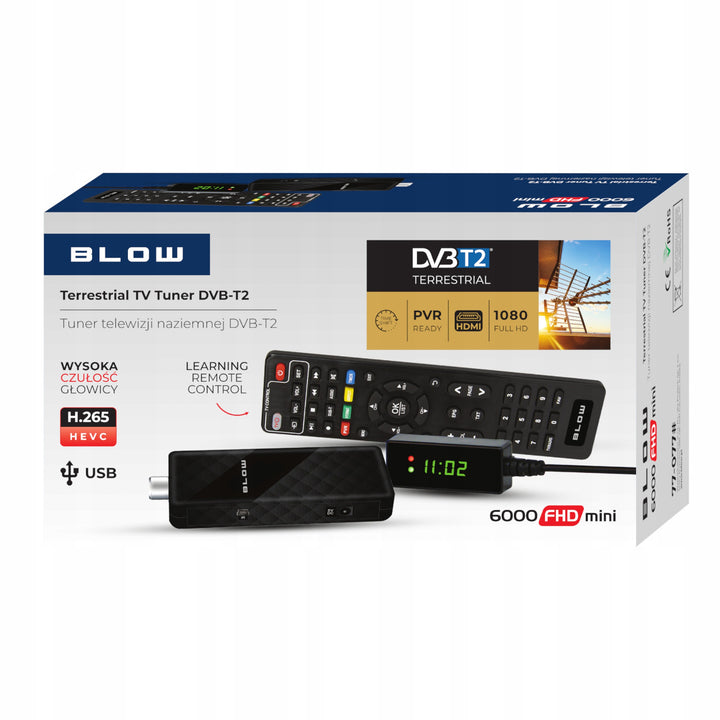 Sintonizador DVB-T/T2 Blow, H.265, 6000FHD, función Timeshift, varios idiomas, función de reproductor multimedia, puerto USB, 77-077#