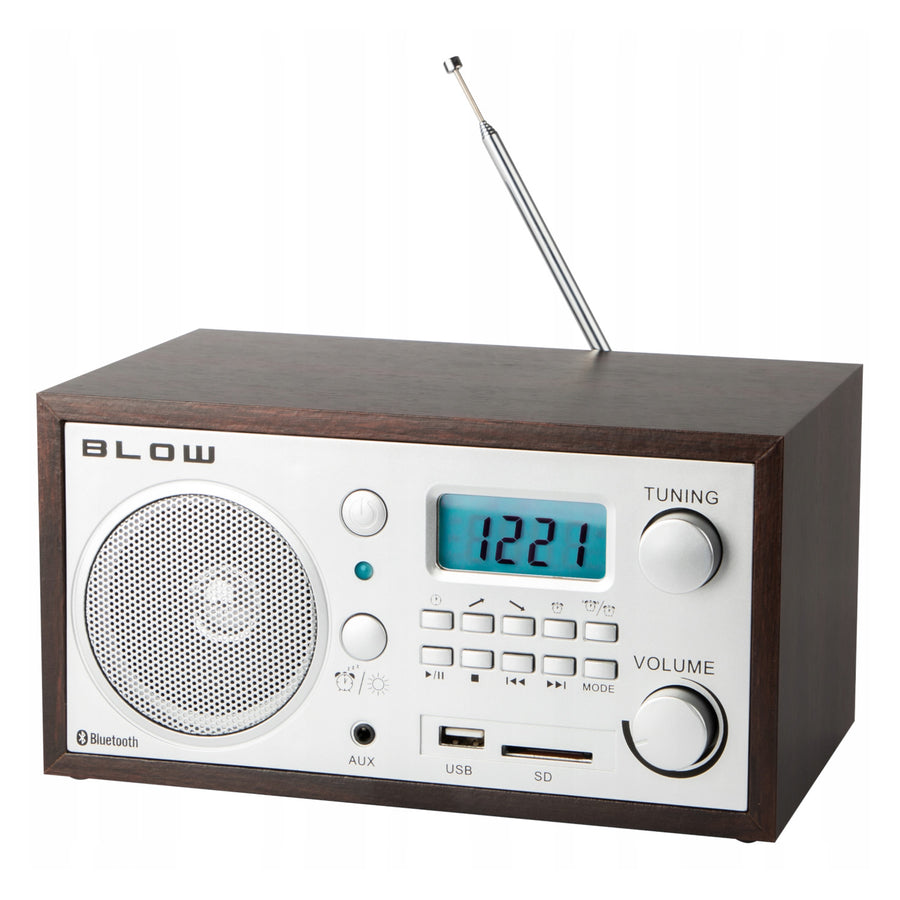 Radio portátil analógica Blow, función Bluetooth, conectores USB, AUX y SD, recepción de emisoras de radio AM/FM, pantalla LCD, reloj y despertador, 77-531#
