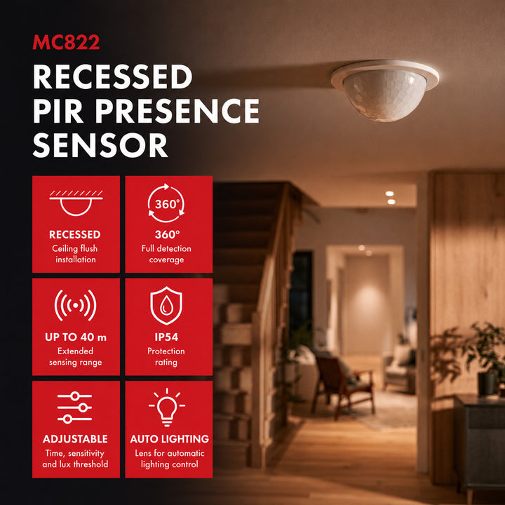 Sensor de presencia PIR Maclean, empotrable, alcance de 10 x 40 m, 1000 W/2000 W, 220-240 V CA, 50/60 Hz, IP54, MCE822