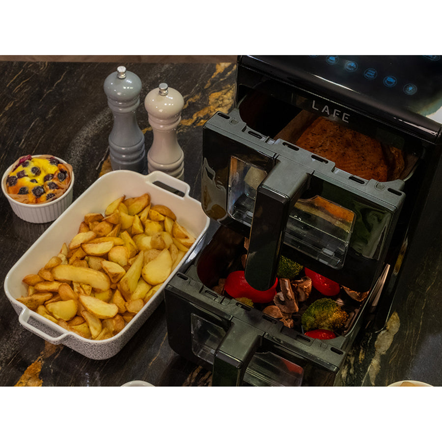 Freidora sin aceite LAFE, freidora de aire, 2 compartimentos de 5 l, potencia de 2460 W, pantalla LCD, Dual Fry