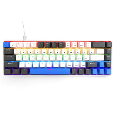 RED CORE MX60: teclado mecánico para juegos tipo short 60 %, interruptores mecánicos silenciosos RED, retroiluminación de colores, 68 teclas, USB-C. Color: blanco/azul. Mediatech.