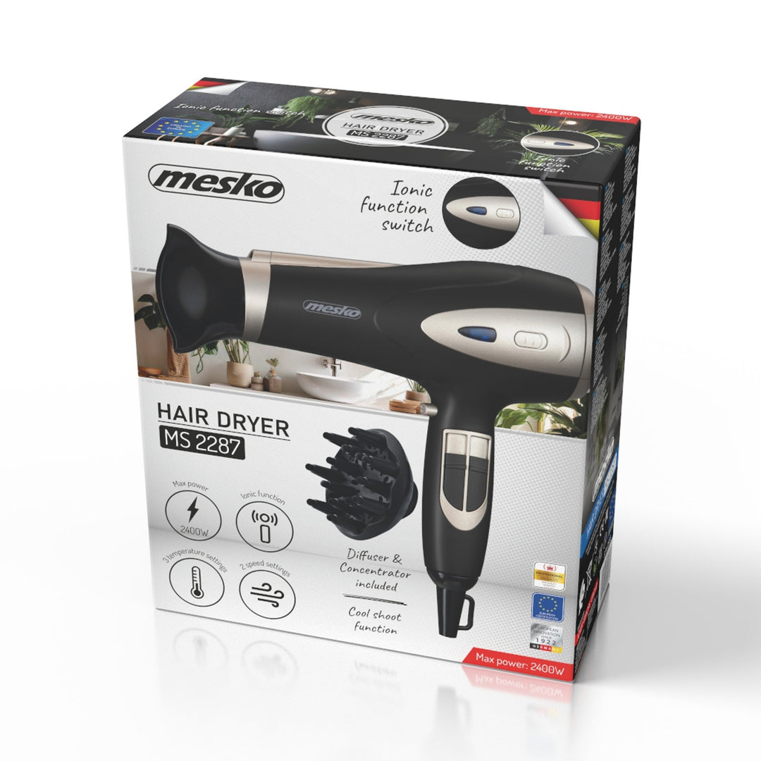 Secador de pelo Mesko, función de ionización, difusor, potencia 2200 W, negro, MS 2287