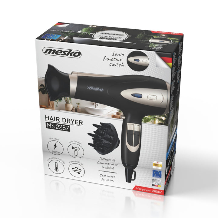 Secador de pelo Mesko, función de ionización, difusor, potencia 2200 W, negro, MS 2287