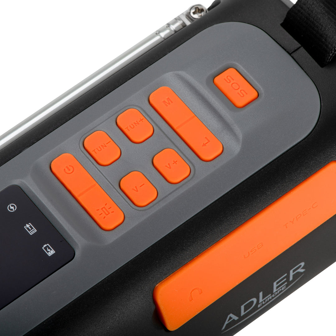Radio de emergencia Adler, con panel solar, manivela y batería externa, Bluetooth 5.0, linterna LED de 4 W, 4500 mAh, AD 1920