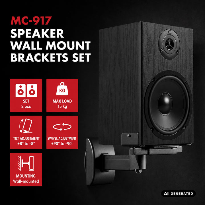 Juego de soportes/colgadores para altavoces Maclean, universal, ajuste vertical de +8° a -8° y horizontal de +90° a -90°, máx. 15 kg, MC-917