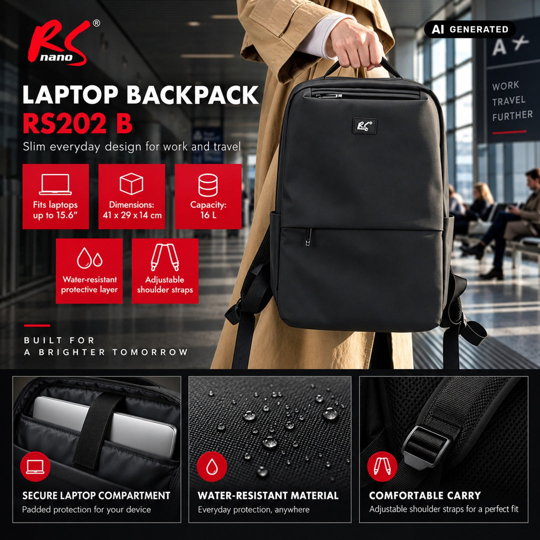 Mochila para portátil NanoRS, 15,6", negra, 41x29x14, impermeable RS202 B