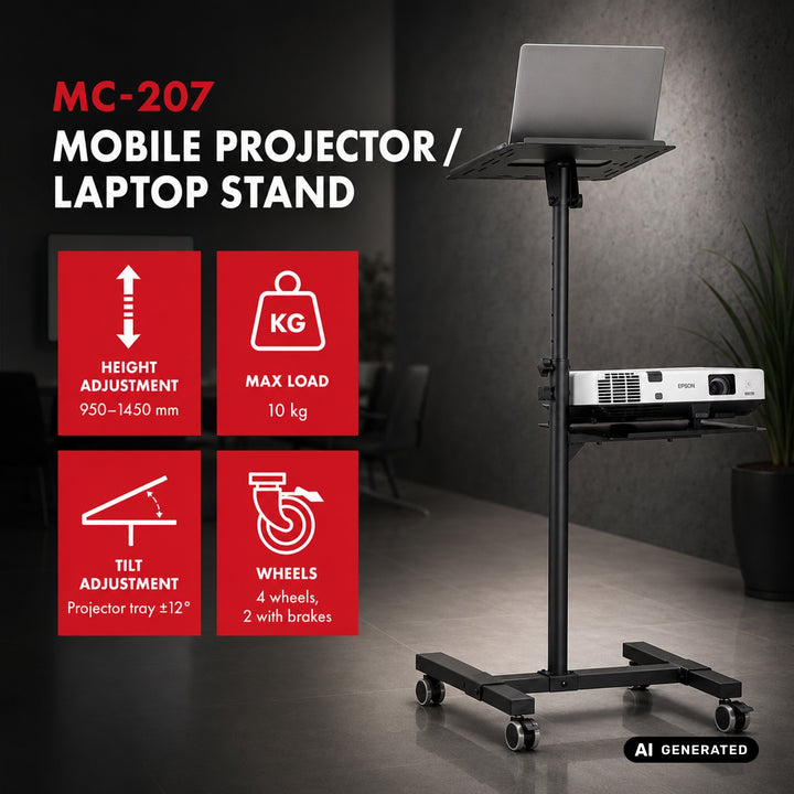 Mesita móvil para proyector/portátil Maclean, regulable, de acero, máx. 10 kg, MC-207