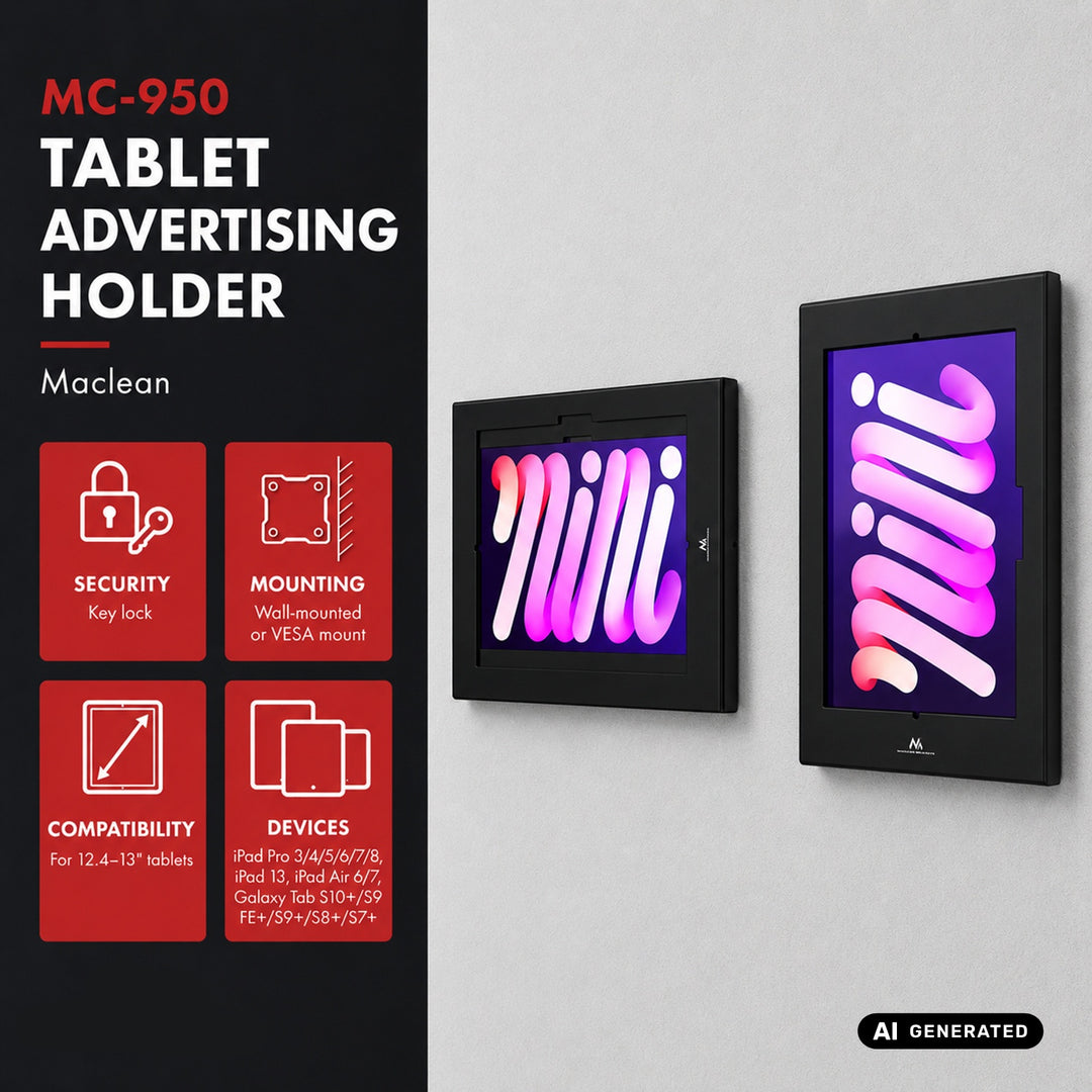 Soporte publicitario para tableta Maclean, con cierre de seguridad, 12,4"-13", iPad Air/Pro, Samsung Tab S10+/S9+/S8+/S7+, 257 x 350 x 22 mm, MC-950 B