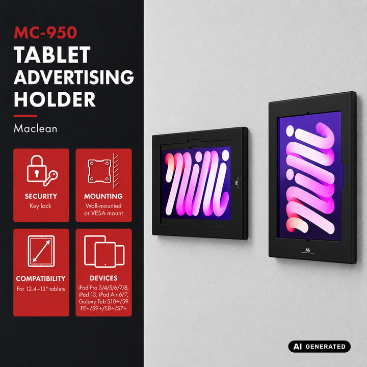 Soporte publicitario para tableta Maclean, con cierre de seguridad, 12,4"-13", iPad Air/Pro, Samsung Tab S10+/S9+/S8+/S7+, 257 x 350 x 22 mm, MC-950 B