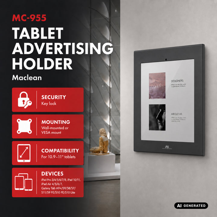 Soporte publicitario para tablet Maclean, con cierre de seguridad, 10,9"-11", iPad Air/Pro, Samsung Tab A y serie S, 220 x 323 x 22 mm, MC-955 B