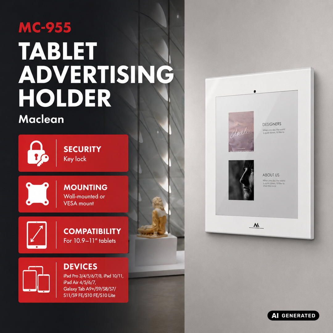 Soporte publicitario para tablet Maclean, con cierre de seguridad, 10,9"-11", iPad Air/Pro, Samsung Tab A y S Series, 220 x 323 x 22 mm, MC-955 W