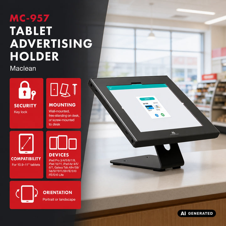 Soporte publicitario para tablet Maclean, con sistema de bloqueo, 10,9"-11", iPad Air/Pro, Samsung Tab A y S Series, 220 x 323 x 22 mm, MC-957 B