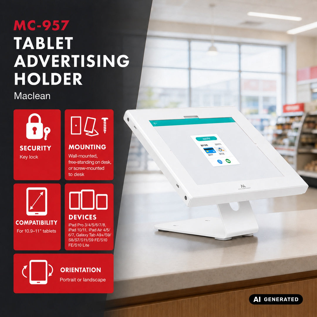 Soporte publicitario para tablet Maclean, con cierre de seguridad, 10,9"-11", iPad Air/Pro, Samsung Tab A y S Series, 220 x 323 x 22 mm, MC-957 W