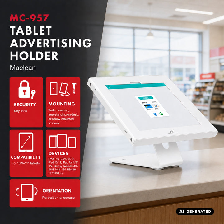 Soporte publicitario para tablet Maclean, con cierre de seguridad, 10,9"-11", iPad Air/Pro, Samsung Tab A y S Series, 220 x 323 x 22 mm, MC-957 W