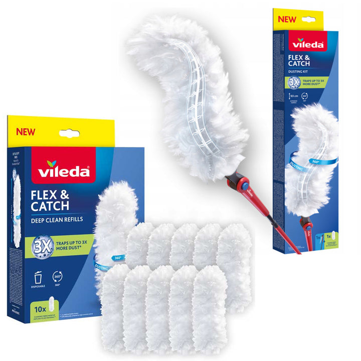 Plumero Vileda Flex&Catch, con mango largo, protección antideslizante, cabezal flexible + 10 recambios para el plumero
