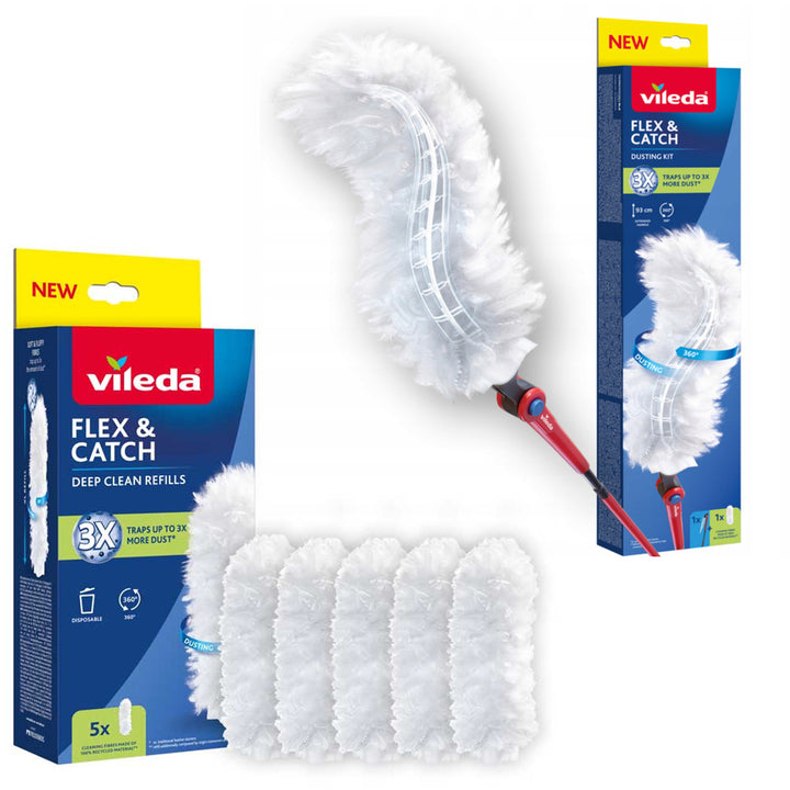 Plumero Vileda Flex&Catch, con mango largo, protección antideslizante, cabezal flexible + 5 recambios para el plumero