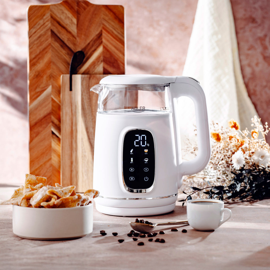 Hervidor eléctrico de vidrio con control de temperatura 1,7 l, LED, 40-100 °C, Adler AD 1305 WS blanco