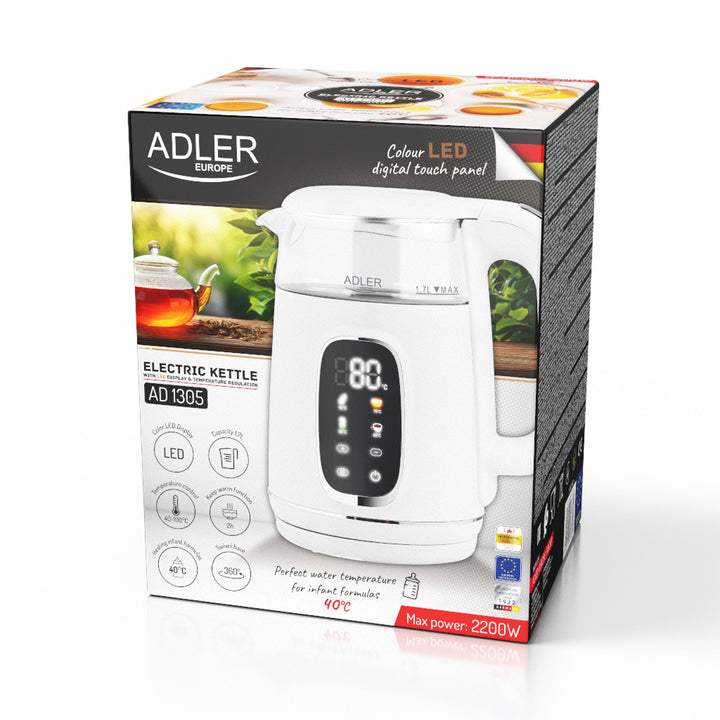 Hervidor eléctrico de vidrio con control de temperatura 1,7 l, LED, 40-100 °C, Adler AD 1305 WS blanco
