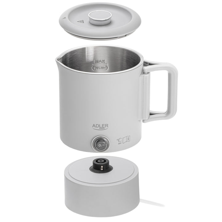 Hervidor eléctrico Adler, para viajes, doble pared, capacidad 0,8 l, potencia máx. 650 W, gris, AD 1388