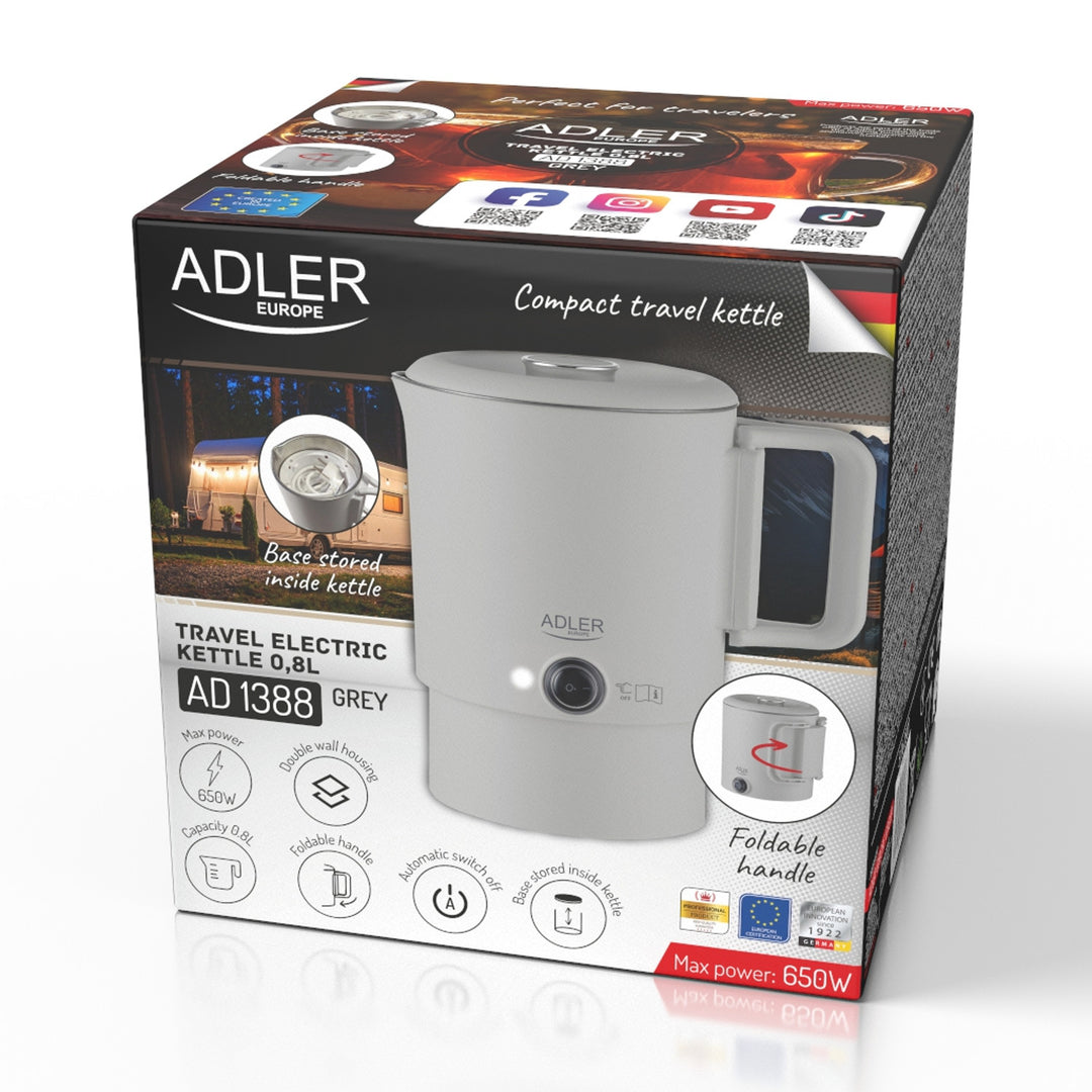 Hervidor eléctrico Adler, para viajes, doble pared, capacidad 0,8 l, potencia máx. 650 W, gris, AD 1388